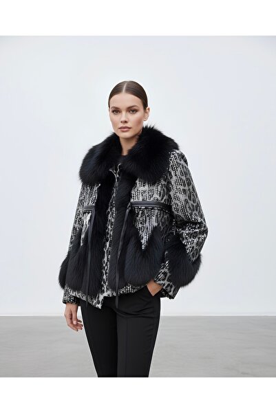 Rabiossa Women's Patterned Fur Detailed Sequin Jacket