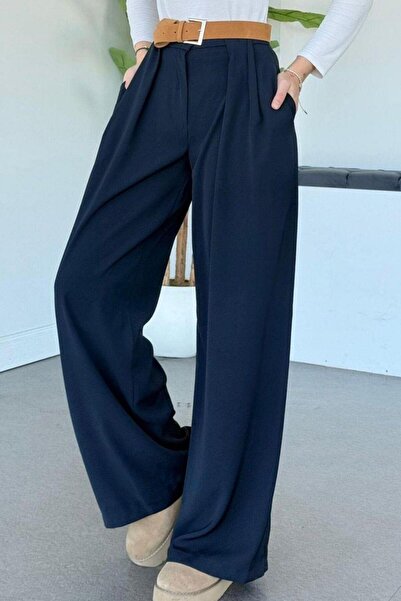 Şulemoda Giyim Glam Belt Detailed Palazzo Trousers Navy Blue