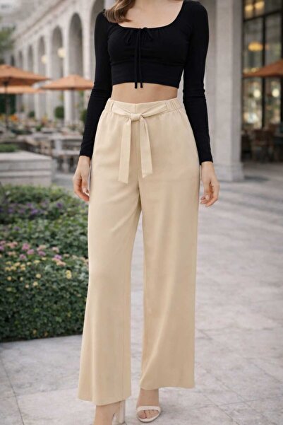 forte bella Belted Elastic Waist Dabıl Fabric Trousers
