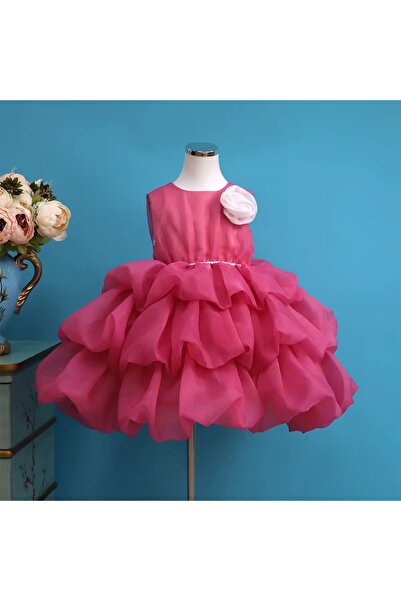 kizu Rochiță Satin Fetițe Roz Intens cu Volane Multiple și Floare Decorativă ...