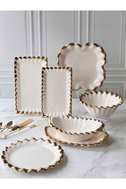 ROSSEV طقم تقديم مكون من 7 قطع من صوفيا ستونوير بحواف ذهبية