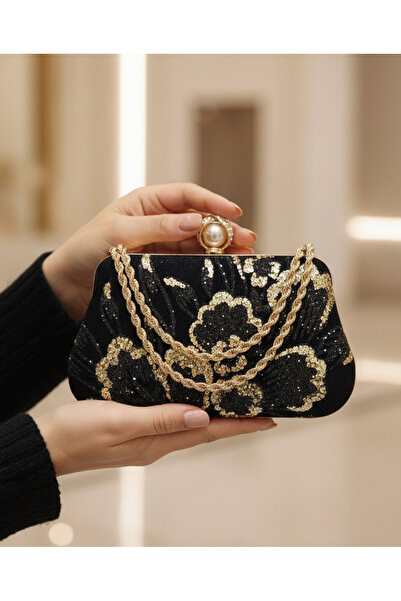 Telli Art Black Gold Detailed Evening Dress Handbag – Double-Sided Use - 12×2...