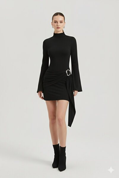 peelter Siyah Kadın Dik Yaka Toka Detaylı Kuşaklı Toparlayıcı Dar Kalıp Mini ...