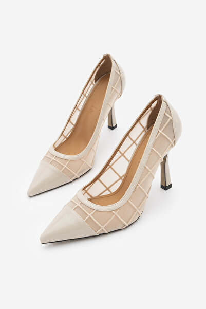 Marjin Women's Stiletto Pointed Toe Thin Heel Mesh Heeled Shoes Zirva Beige