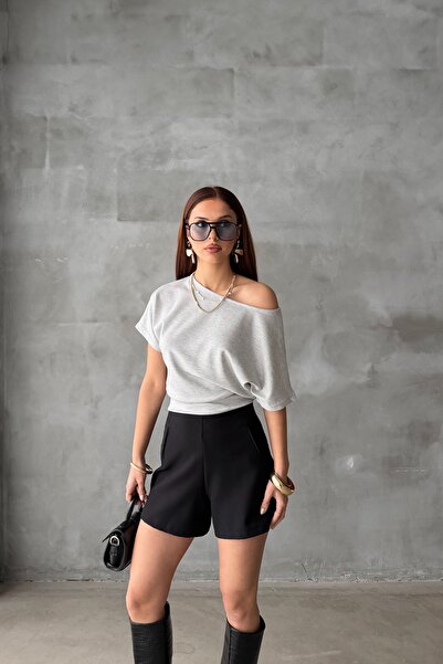 LE CARAMBOLE Women's Gray Boat Neck Short Sleeve Blouse