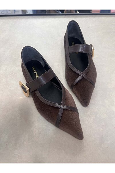 diclepolat Women's Brown Velvet Ballerina Flats with Pointed Toe and Buckle C...