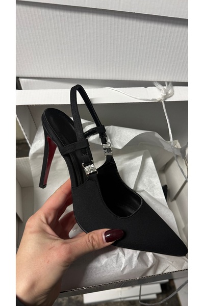 MYVOLANTE Buckle Detailed Black Matte Satin Women's Stiletto 10 cm Heel