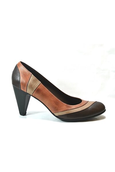 Onlo Ayakkabı 1240 Genuine Leather Tan Thick Heeled Women's Shoes