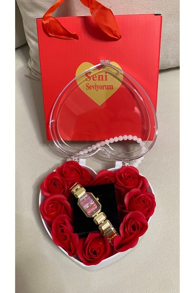 T-GOER Sevgililere Özel Kalpli Güllü Kutulu Saat Hediye Seti