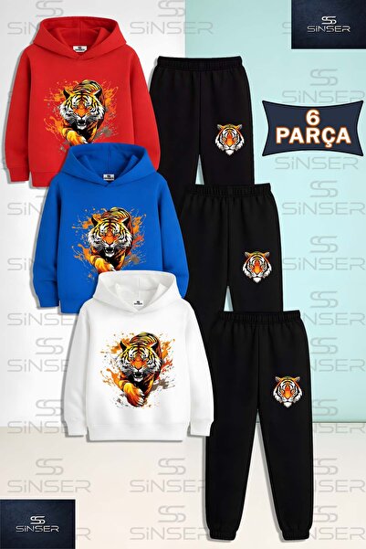 SS SİNSER Children's Unisex Tiger Front Claw 3-Piece Hooded Tracksuit Set