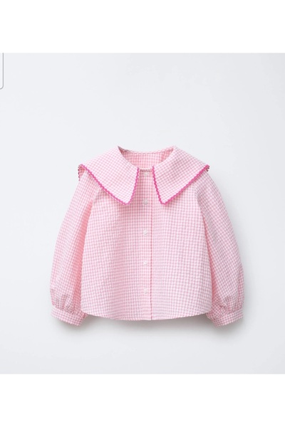 Butik Kız Çocuk Pamuklu Pembe Kareli Gömlek Yaka Bluz Fiyonklu Pantolon Alt-Ü...