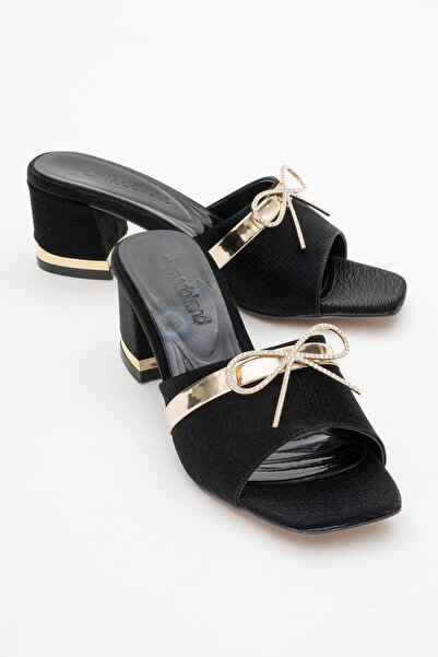 CCWAY AYAKKABI Γυναικείες παντόφλες με τακούνι και παπιγιόν με στρας, ΜΑΥΡΟ Τ...