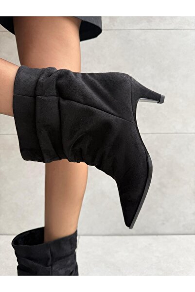 Elvinin Tarzı Moya Black Suede XL Ankle Cut Short Women's Boots