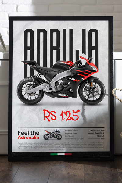 Duvarda Aprilia RS 125 crni poster sa drvenim okvirom, dekorativna zidna umet...