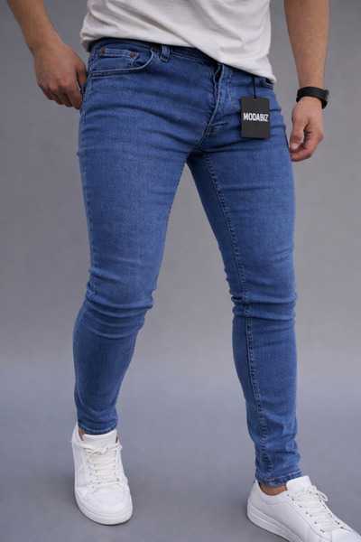moda biz Modabiz Men's Dark Blue Slim Fit Stretchy Jean Denim Trousers