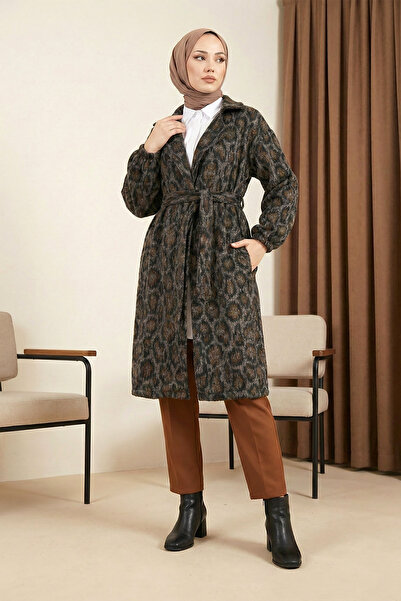 MODAQU Double-Breasted Collar Pocketed Leopard Print Trench Coat