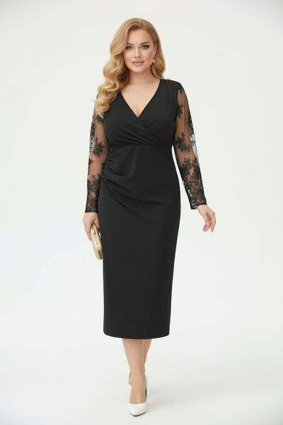 Veline Women's midi dress, wrap cut, lace sleeves, black