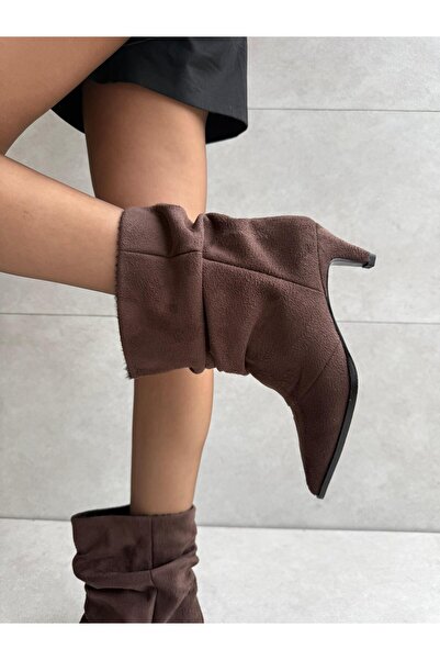 Elvinin Tarzı Moya Bitter Brown Suede XL Ankle Cut Short Women's Boots