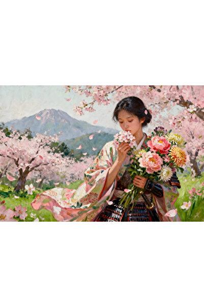 VeliumCraft Canvas painting Samurai serenity, flowers, woman, 150x100 cm, woo...