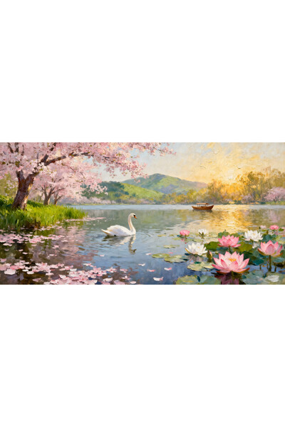 VeliumCraft Tablou Canvas Peisaj in japonia, cu lac, munte, sakura 100x50 cm,...