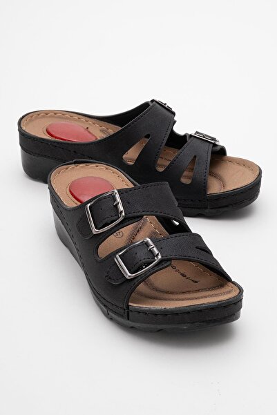 CCWAY AYAKKABI Woman's double buckle slippers black