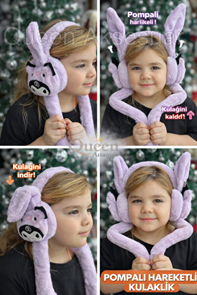 QUEEN AKSESUAR Movable Kuromi Cat Rabbit Ear Plush Headphones Lilac Purple Wi...