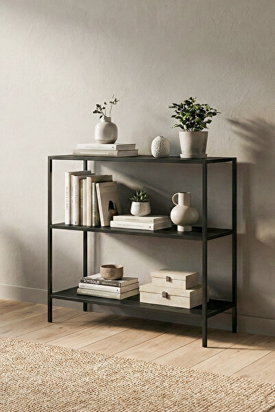 DEKOPRATİK Vesta Modern Tasarım 3 Raflı Siyah Metal Kitaplık & Dekoratif Konsol