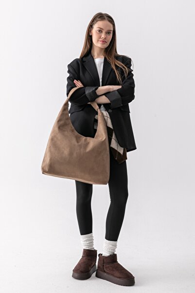 Paul Brand Siena Mink Suede Textured Large Size Wide Volume Women's Hobo Shou...