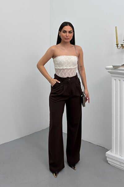 spirituel Women's Trousers Buttoned Pleated Detailed Double Pockets Wide Leg ...