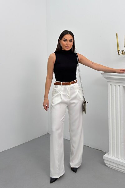 spirituel Women's Pants with Belt, Pleated Detail, Double Pockets, Wide Leg P...