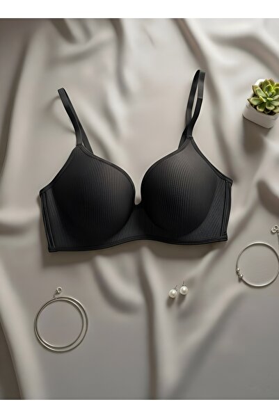 Maly Love Women's Black Rib Textured Wire-Free Supportless Bra |   Agraflı To...