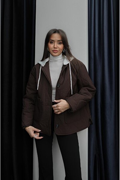 Havoş Brown buttoned hooded quilted coat