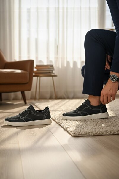 enoch حذاء رياضي رجالي من الجلد الطبيعي مخيط بالليزر ونعل طبي