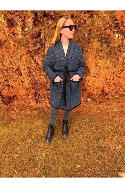By Hande Alkan Women's Plus Size Burgundy Black Houndstooth Tweed Loose Coat
