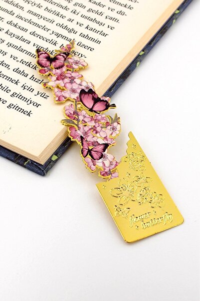 Solfera Semn de carte metalic de culoare aurie cu flori roz și fluturi AY104