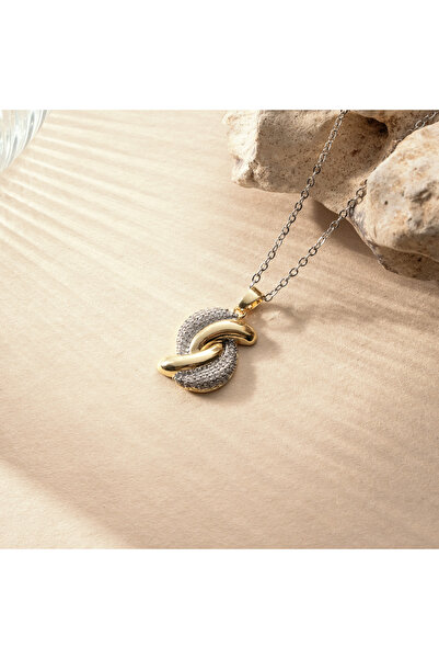 Twem Silver قلادة من الفولاذ بلونين مع عقدة ملتوية وحجر الزركونيا باللون الذه...