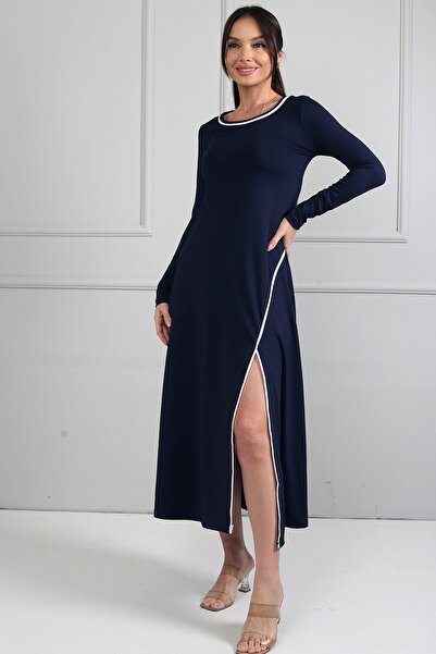 By Saygı Women's Front Slit Piped Detail Modal Long Dress