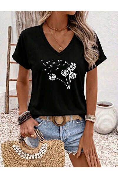 FUFLUNS Flying Flower Printed Women's Oversize V-Neck T-Shirt