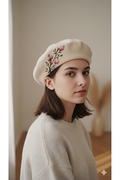 at0lyem Çiçek İşlemeli Ressam Beresi