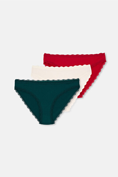 Dagi Red-Green Women's 3-Piece Patterned Brazilian Panties