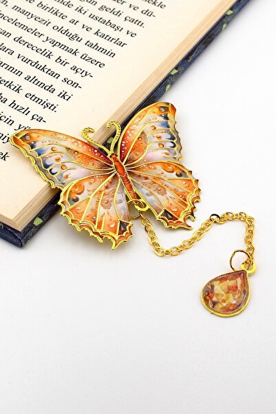 Solfera Semn de carte metalic de culoare aurie, cu fluture de culoare portoca...