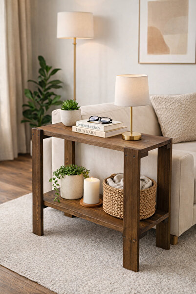 The N Wood Masif Ahşap 2 Katlı Yan Sehpa – Doğal Ahşap Dekoratif Raflı Dresua...