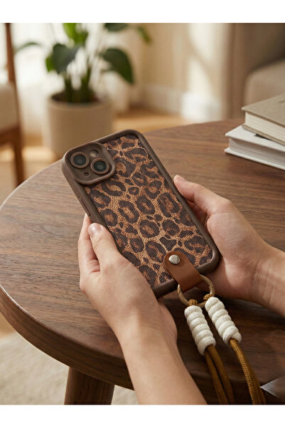 OSG iPhone 15 Uyumlu Leopar Desenli Bileklikli Premium Kamera Korumalı Telefo...