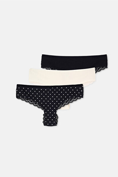 Dagi Ecru-Black Women's 3-Piece Patterned Brazilian Panties