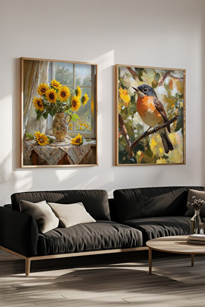 STARYUNA Set de pictură dublă cu rame din lemn, cu figuri de floarea-soarelui...