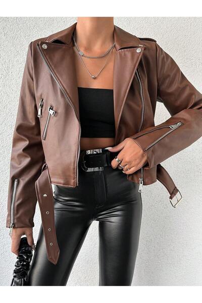 MEECY Women's Brown Leather Jacket