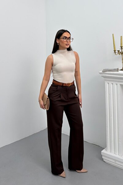 spirituel Women's Pants with Belt, Pleated Detail, Double Pockets, Wide Leg P...