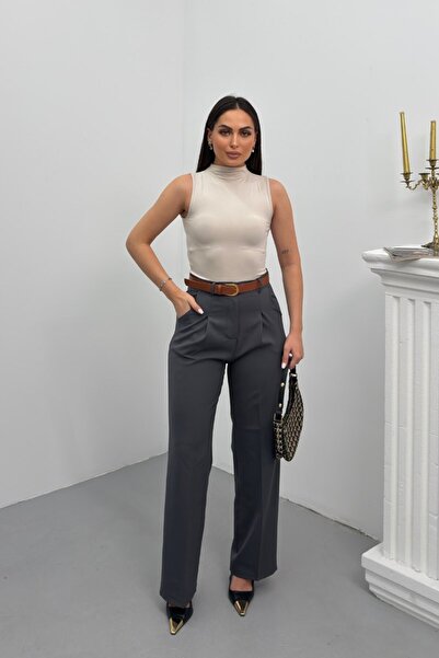 spirituel Women's Pants with Belt, Pleated Detail, Double Pockets, Wide Leg P...