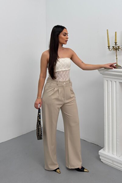 spirituel Women's Trousers with Lace-Up Waist, Pleated Detail, Double Pockets...