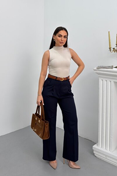 spirituel Women's Pants with Belt, Pleated Detail, Double Pockets, Wide Leg P...